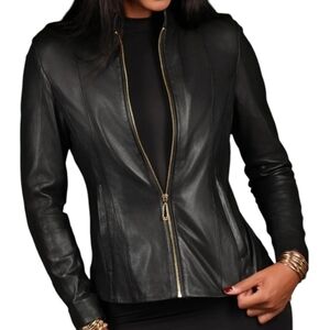 Escada Black Lamb Leather Jacket with Gold Zipper